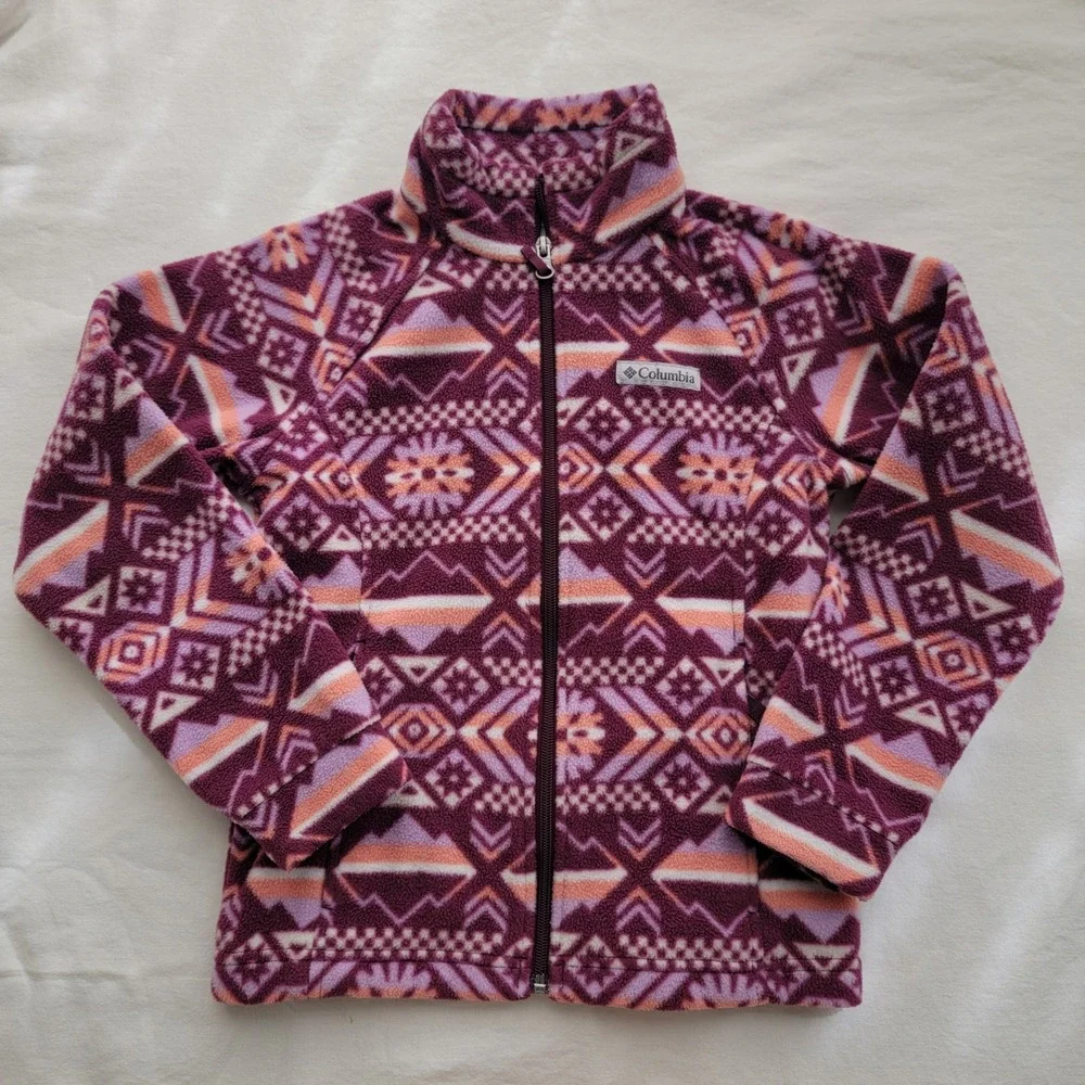 Columbia Kids Full Zip Fleece Jacket Purple Orange Aztec Print Size Small 7/8